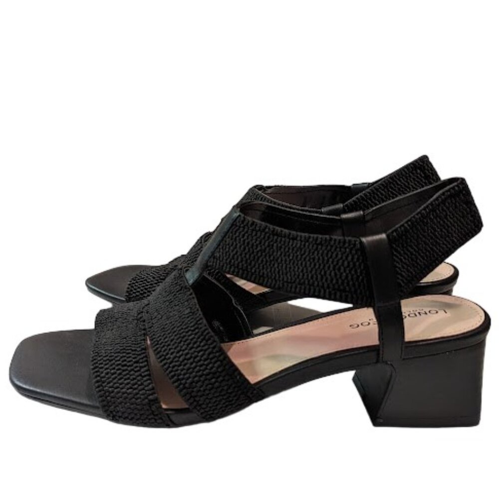 London Fog Mistie Black Stretchy Fabric Strap Block Heel Sandal Size 8.5 NWOB
